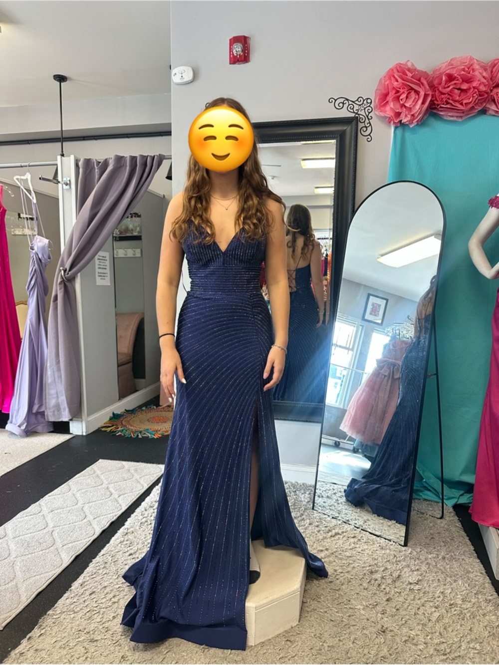 Brand New Never Word Nox Anabel Navy Beaded V-Neck Prom Gown with Thigh Slit
